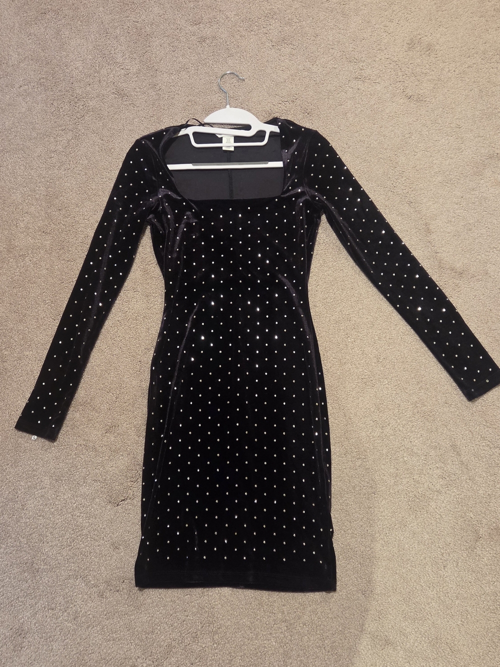 H&M Black Velvet Bodycon Long-Sleeve Square Neck Rhinestone Polka Dot Dress
